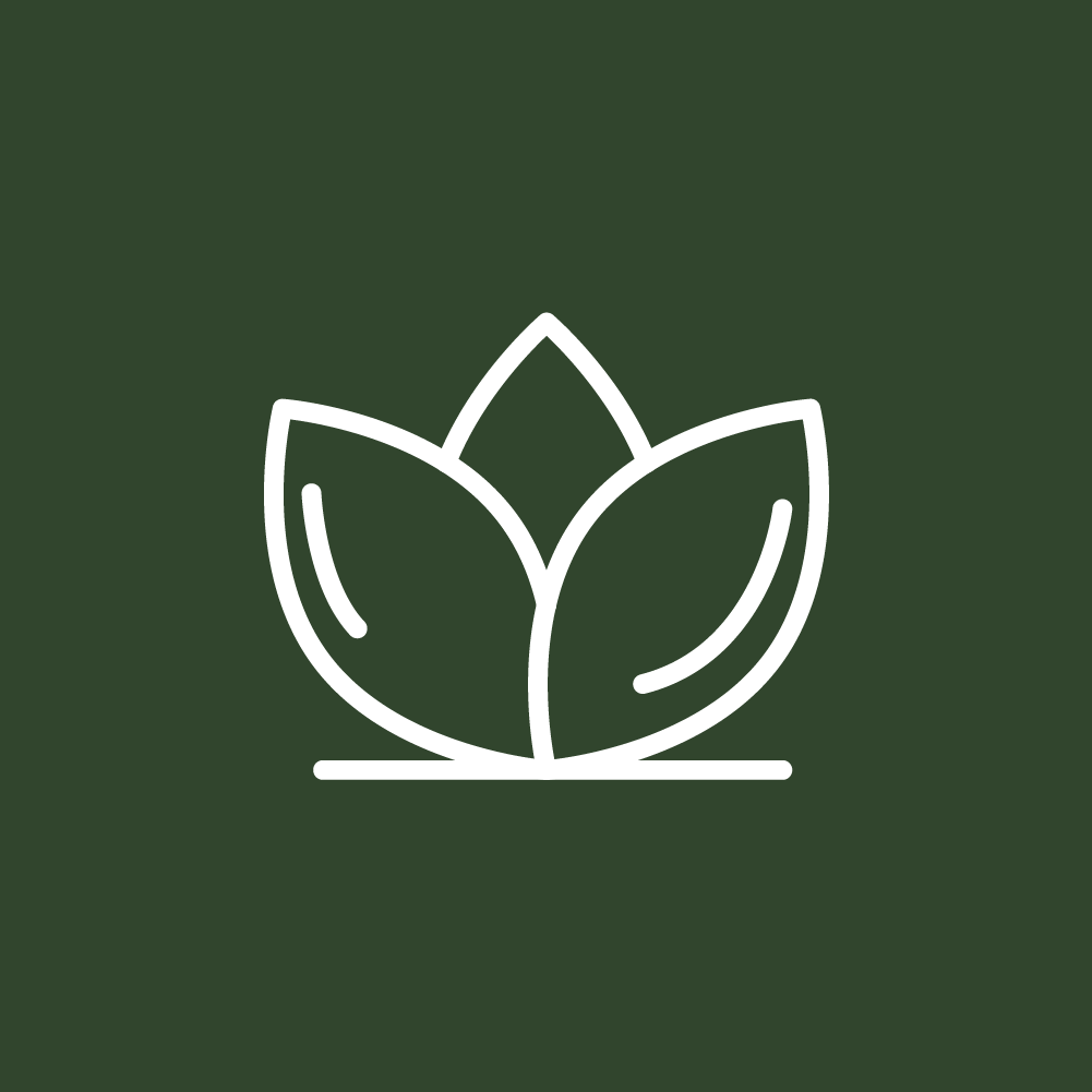 Icono blanco de una flor de loto estilizada sobre fondo verde oscuro