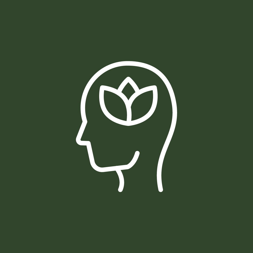 Icono de perfil humano con una flor dentro de la cabeza sobre fondo verde oscuro
